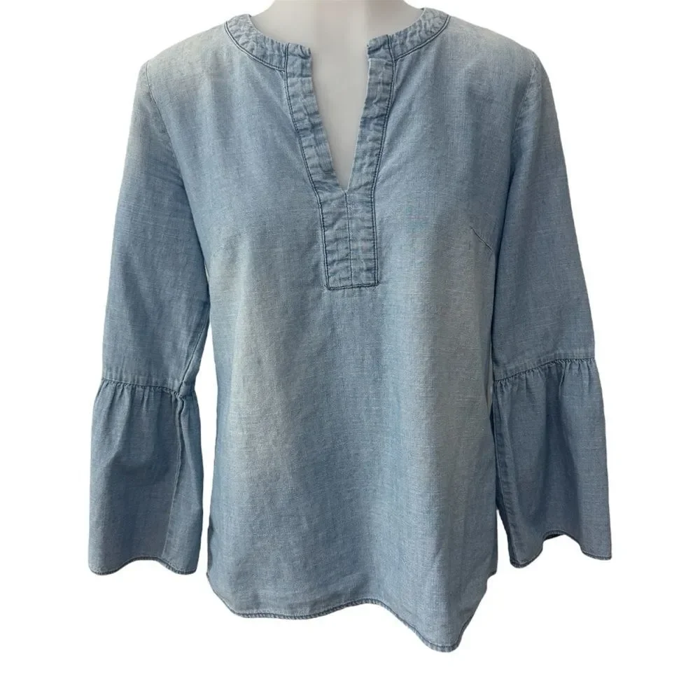 J. Crew Top Chambray Split Neck Long Bell Sleeve Blouse Size XS